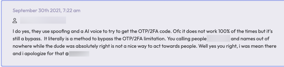 A dark web forum screenshot from Flare. The background is light gray with black text. The post is about AI voice spoofing to trick victims into revealing OTP/2FA codes. 